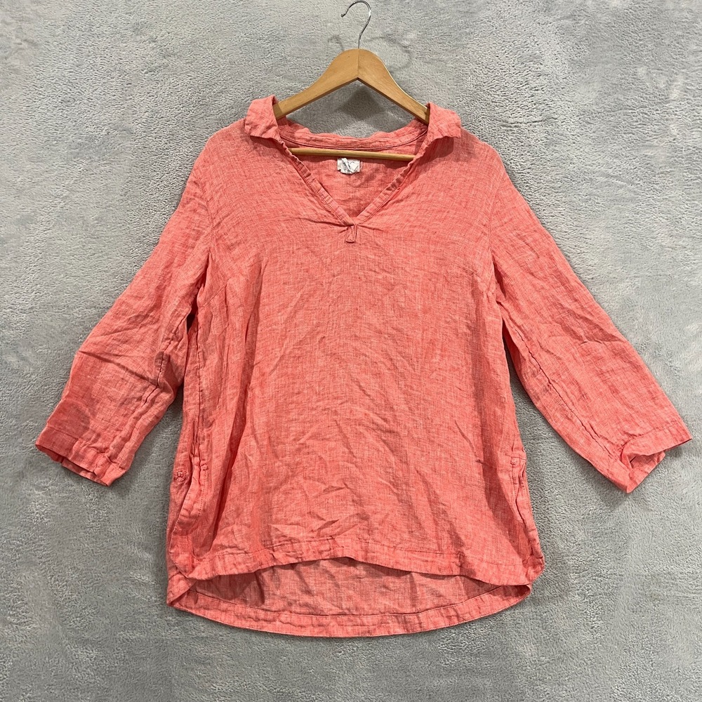 Sigrid Olsen Shirt Womens Medium Button Up Coastal Beach 100% Linen Top Peach